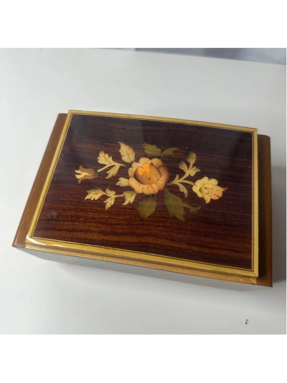 Vintage Inlaid Floral Wooden Jewelry Box Organizer Music Box Works Made in Italy